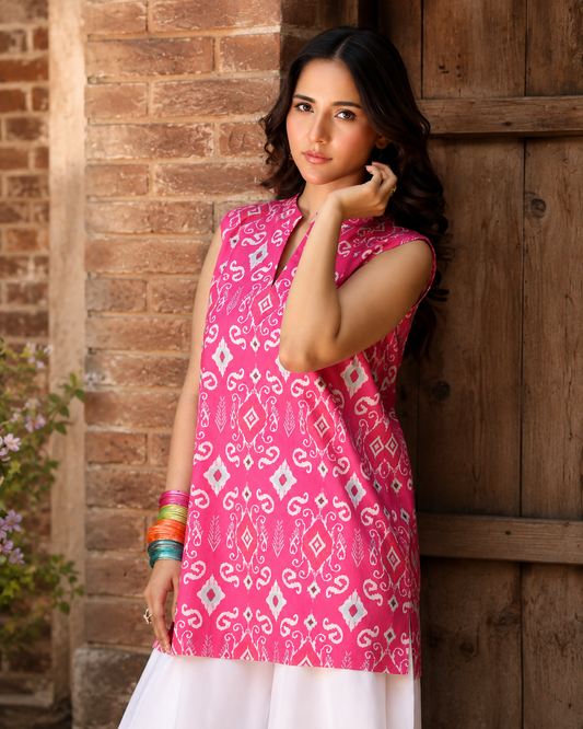 Gulab Pink Printed Sleeveless Co-Ord Set with White Palazzo
