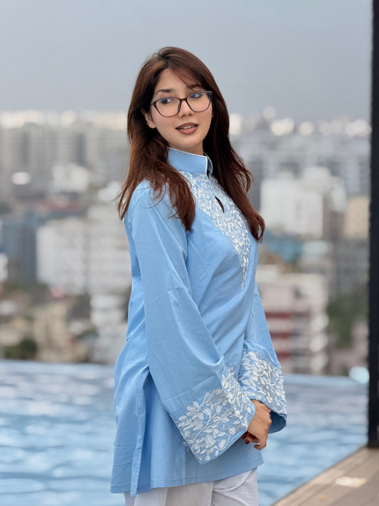 Maher Sky Blue Cotton Embroidered Co-ord Set