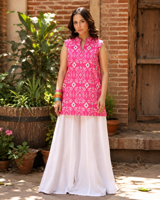 Gulab Pink Printed Sleeveless Co-Ord Set with White Palazzo